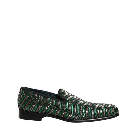 Dolce & Gabbana Silver Green Embellished Dress Loafers Shoes