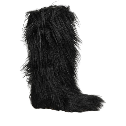 Dolce & Gabbana Black Faux Fur Mid Calf Winter Boots Shoes