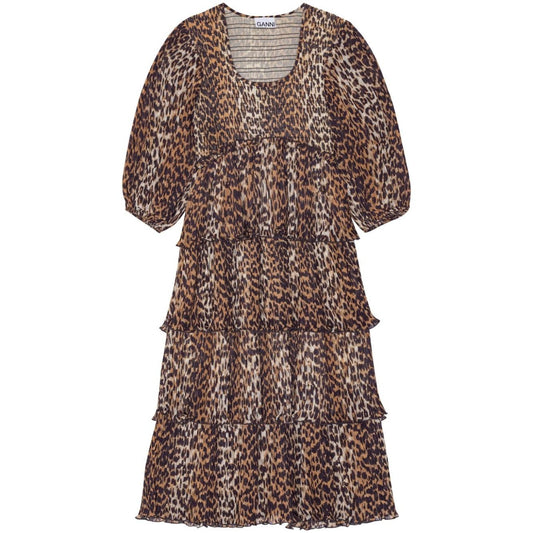 Ganni Leopard Pleated Georgette Flounce Smock Midi Dress Dresses