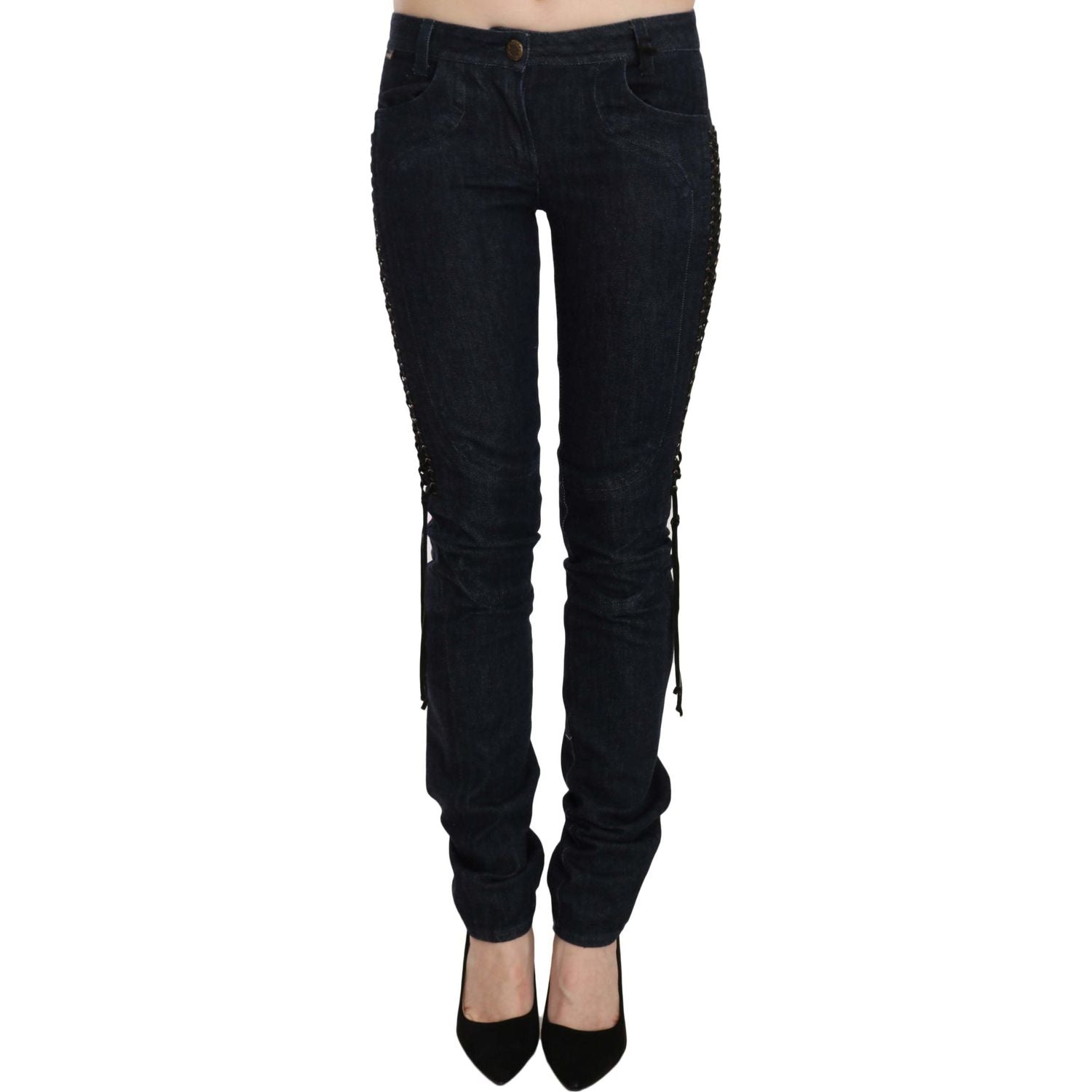 Just Cavalli Blue Low Waist Skinny Trousers Braided String Pants