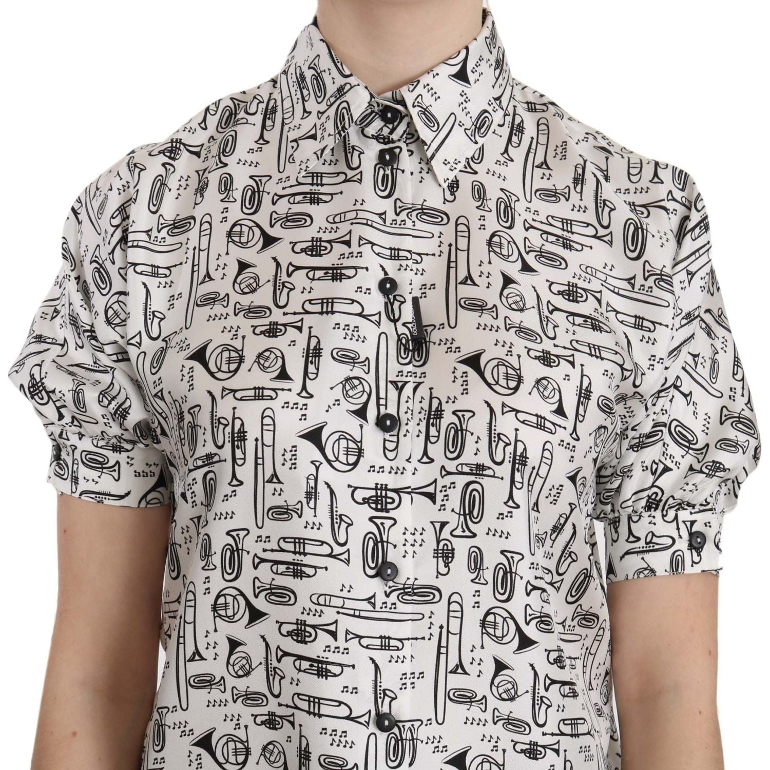 Dolce & Gabbana Trumpet Print Button Front Silk Top Blouse