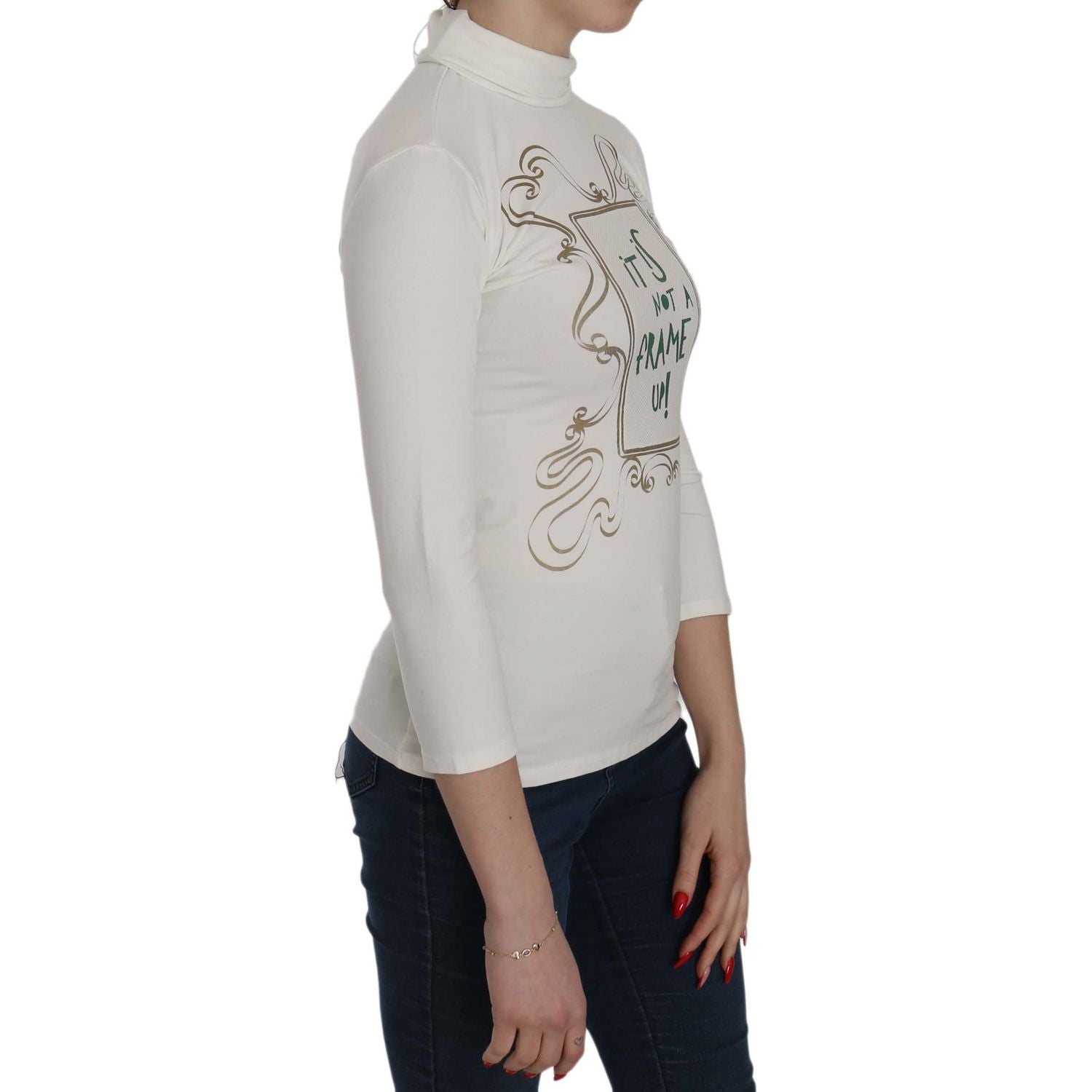 Exte White Printed Turtle Neck 3/4 Sleeve Top Cotton Blouse