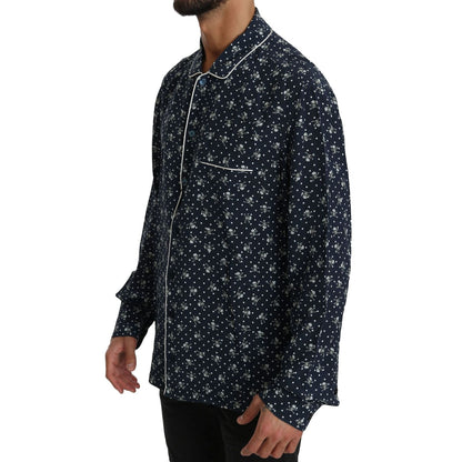 Dolce & Gabbana Blue Skull Print Silk Top Sleepwear Shirt