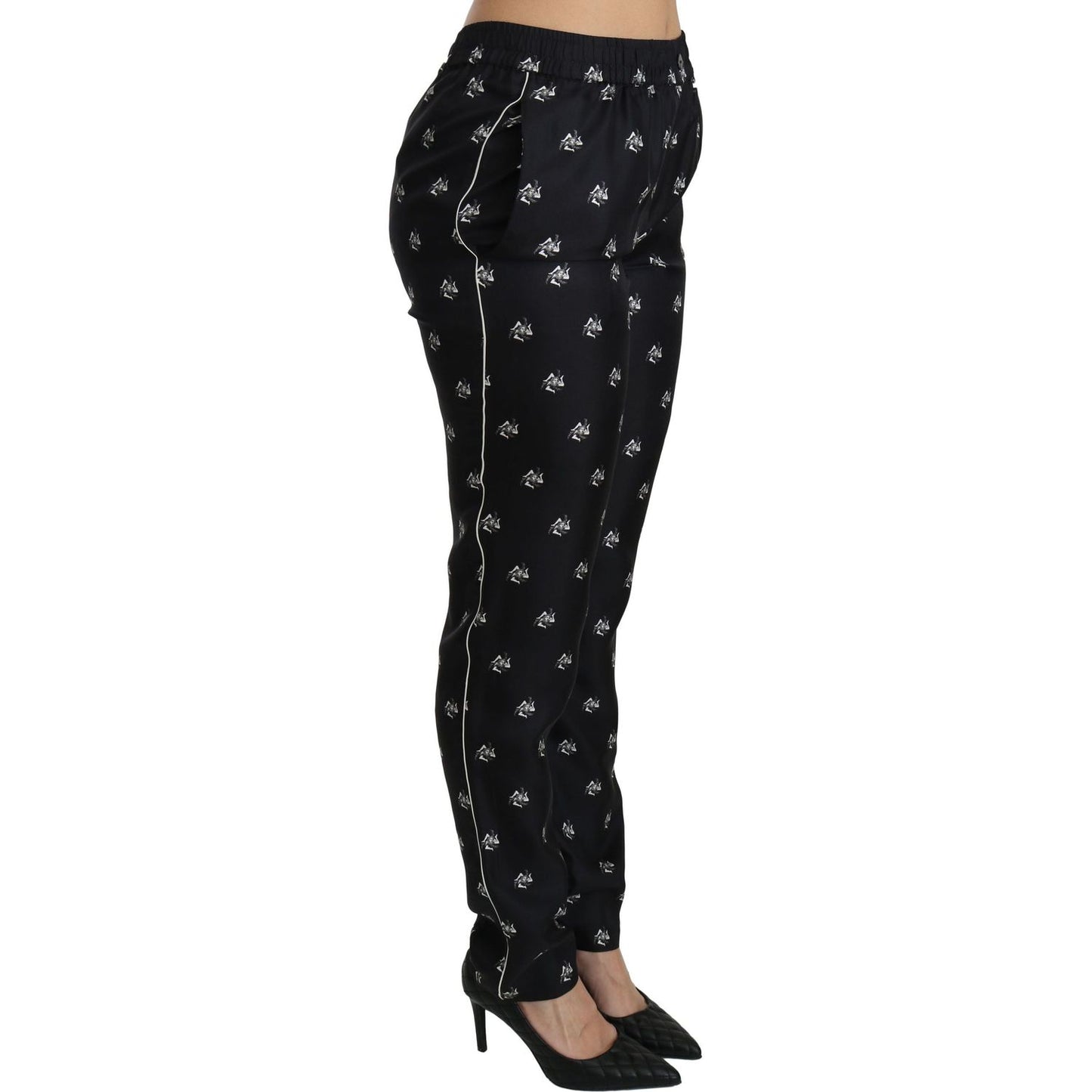 Dolce & Gabbana Black Printed Mid Waist Skinny Silk Pants Jeans & Pants