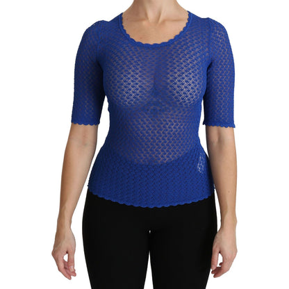 Dolce & Gabbana Blue See Through Round Neck Top Viscose Blouse
