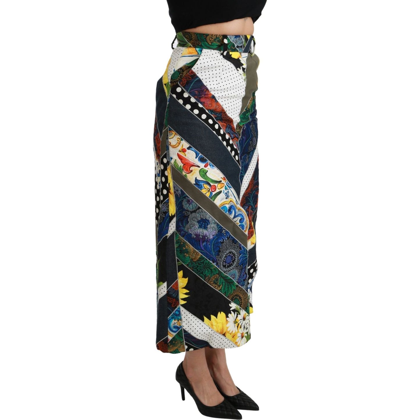Dolce & Gabbana Multicolor Silk Geometric High Waist Maxi Skirt