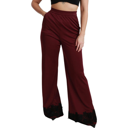Dolce & Gabbana Black Lace High Waist Wide Leg Maroon Pants PAN70934-40