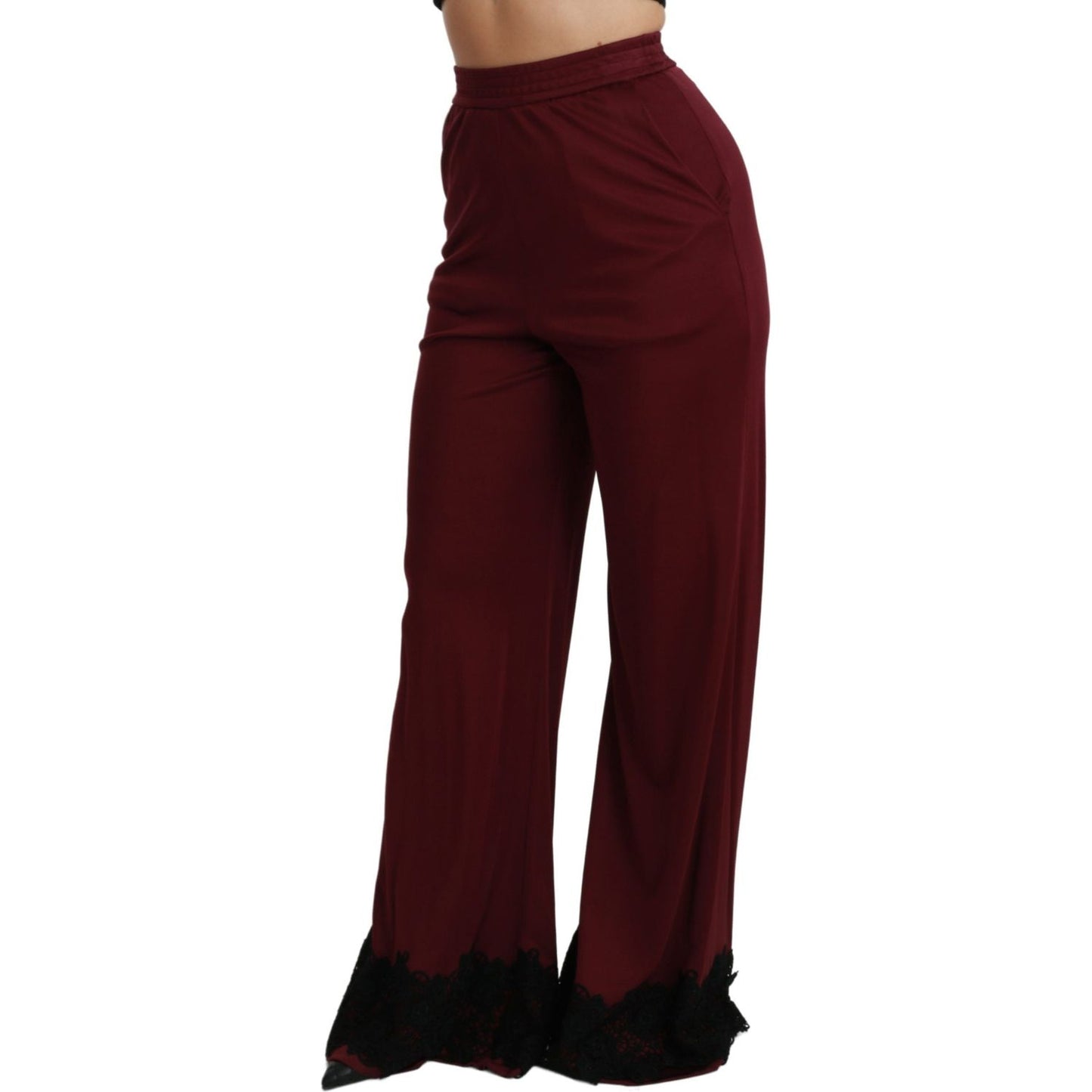 Dolce & Gabbana Black Lace High Waist Wide Leg Maroon Pants PAN70934-40
