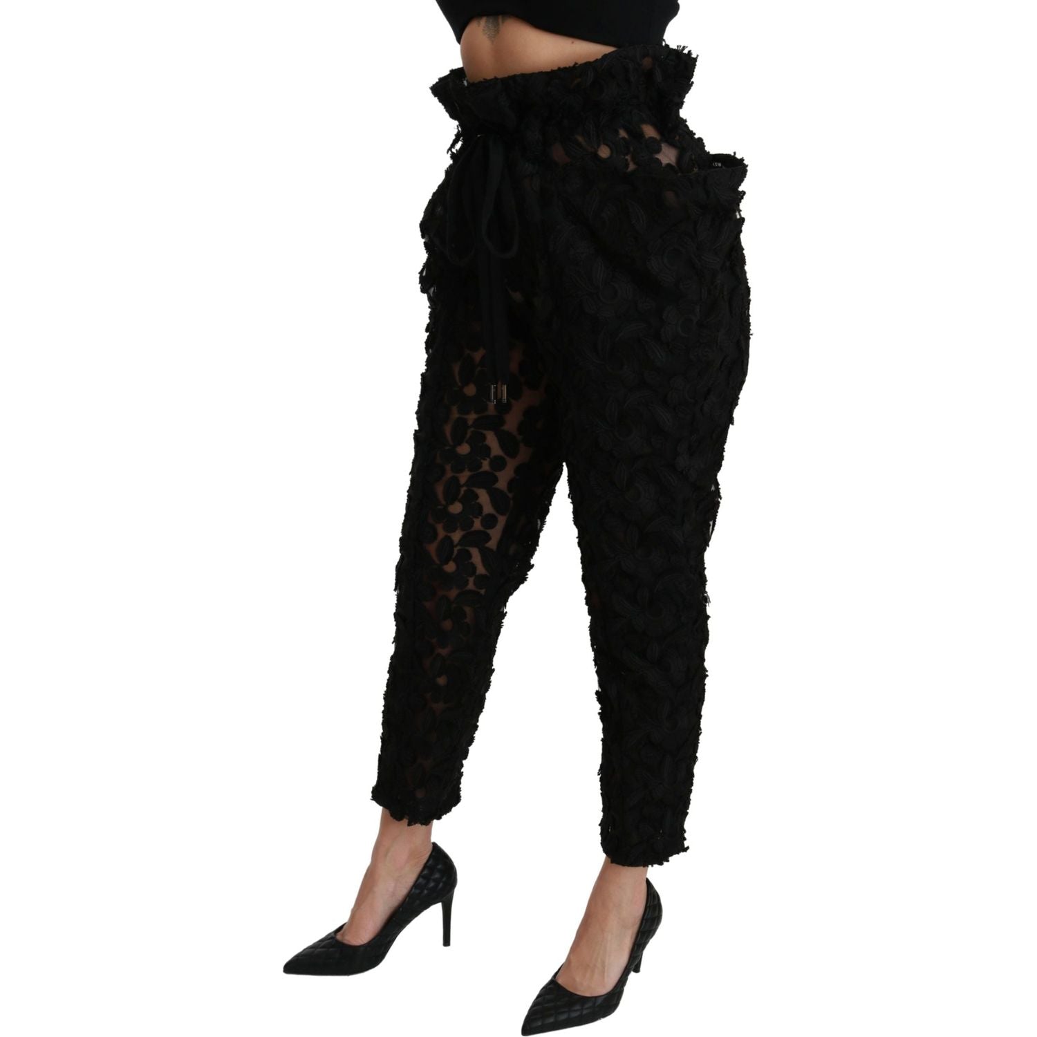 Dolce & Gabbana Black Floral Lace Tapered High Waist Pants