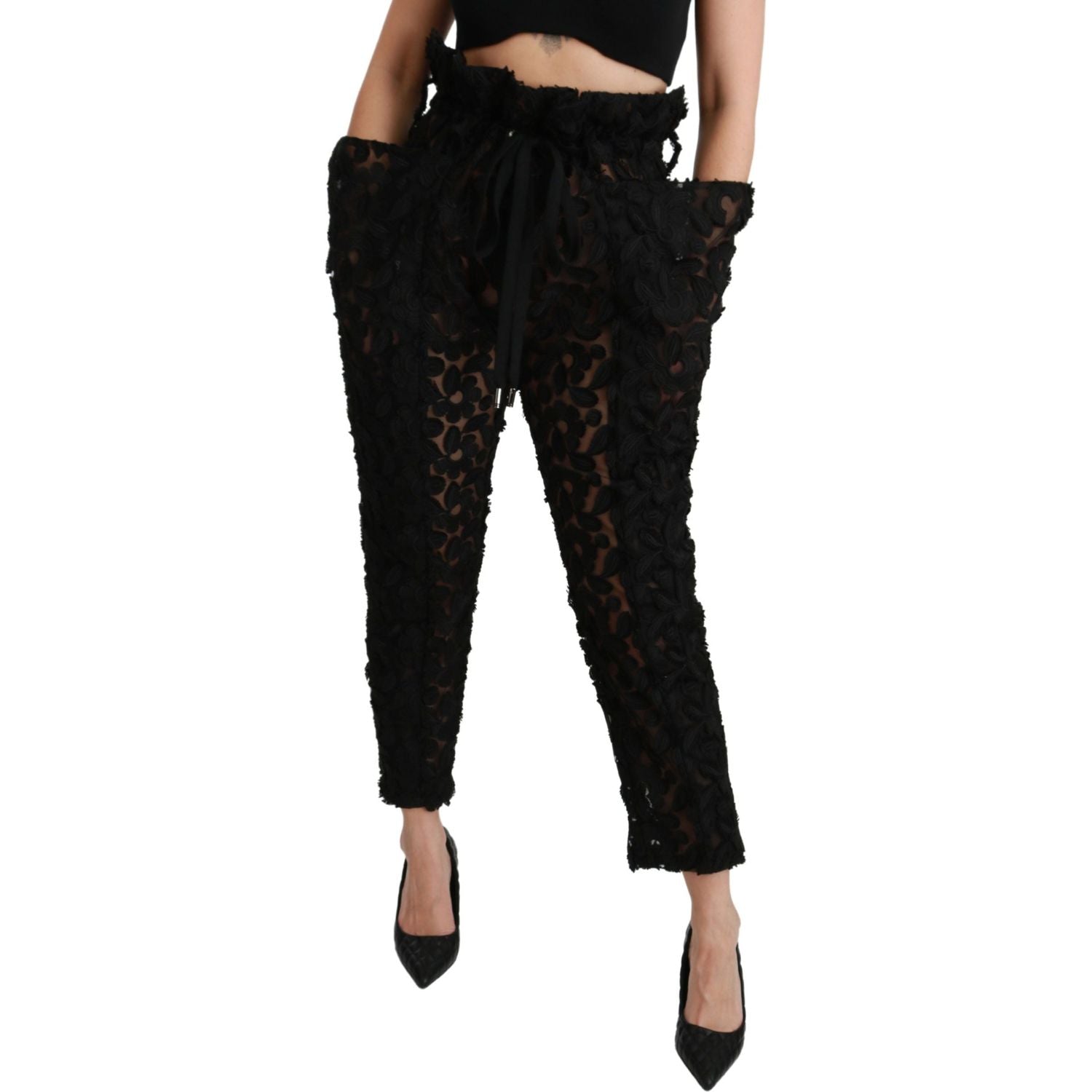 Dolce & Gabbana Black Floral Lace Tapered High Waist Pants