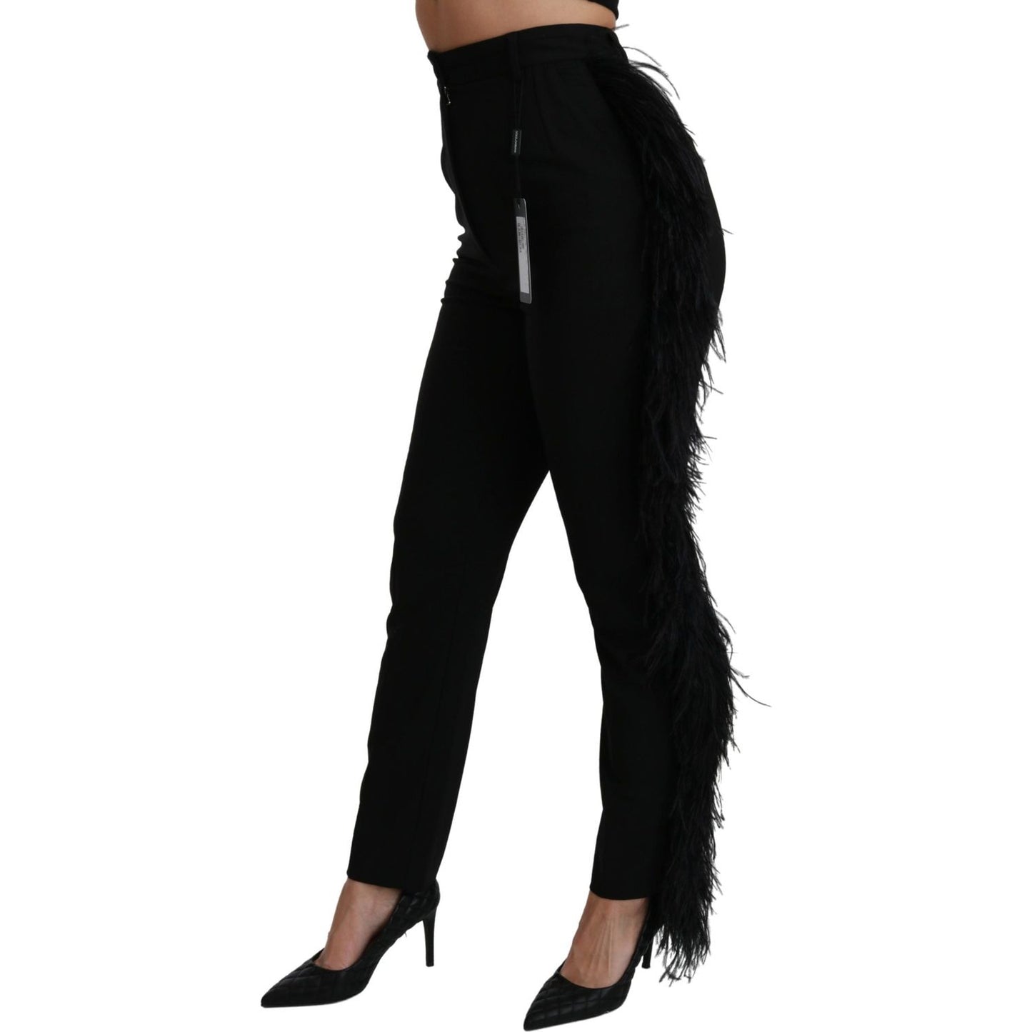 Dolce & Gabbana Black Feather Straight High Waist Wool Pants Pants