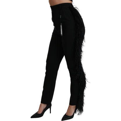 Dolce & Gabbana Black Feather Straight High Waist Wool Pants Pants
