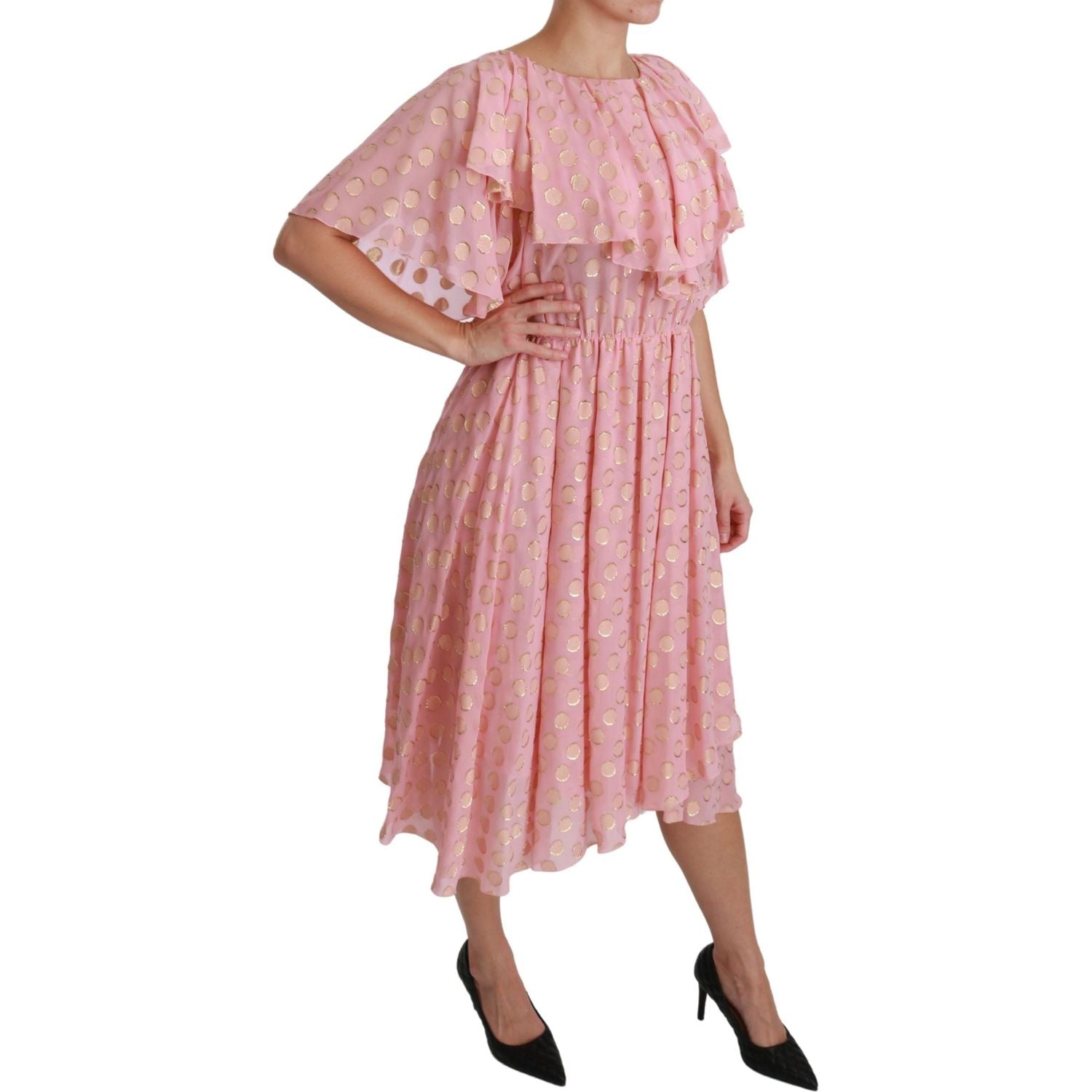 Dolce & Gabbana Silk Pink Polka Dots Pleated A-line Midi Dress