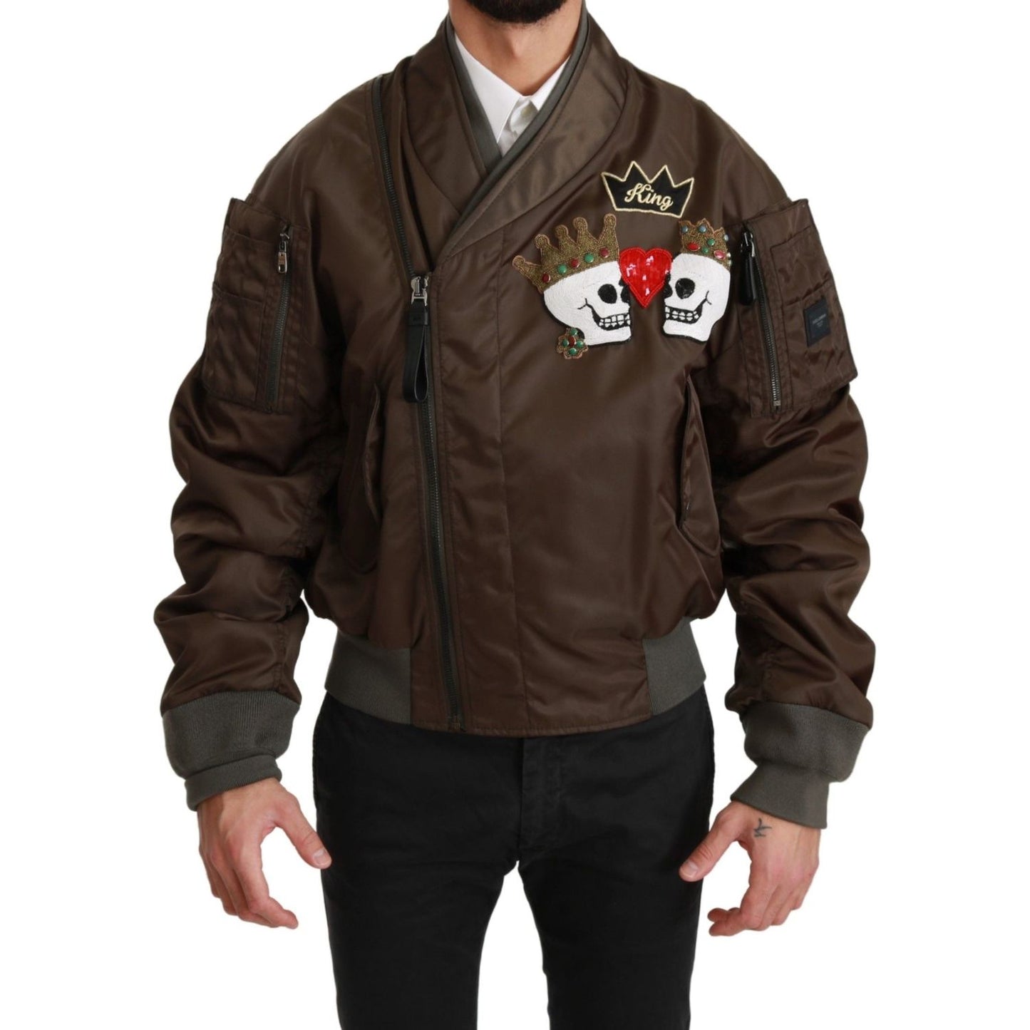 Dolce & Gabbana Brown Beaded Crown Skull Logo Jacket Coats & Jackets