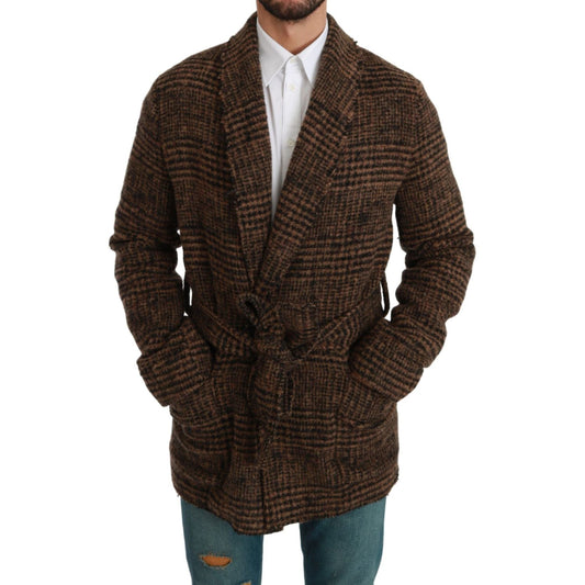 Dolce & Gabbana Brown Checkered Wool Robe Coat Wrap Jacket JKT2623-44