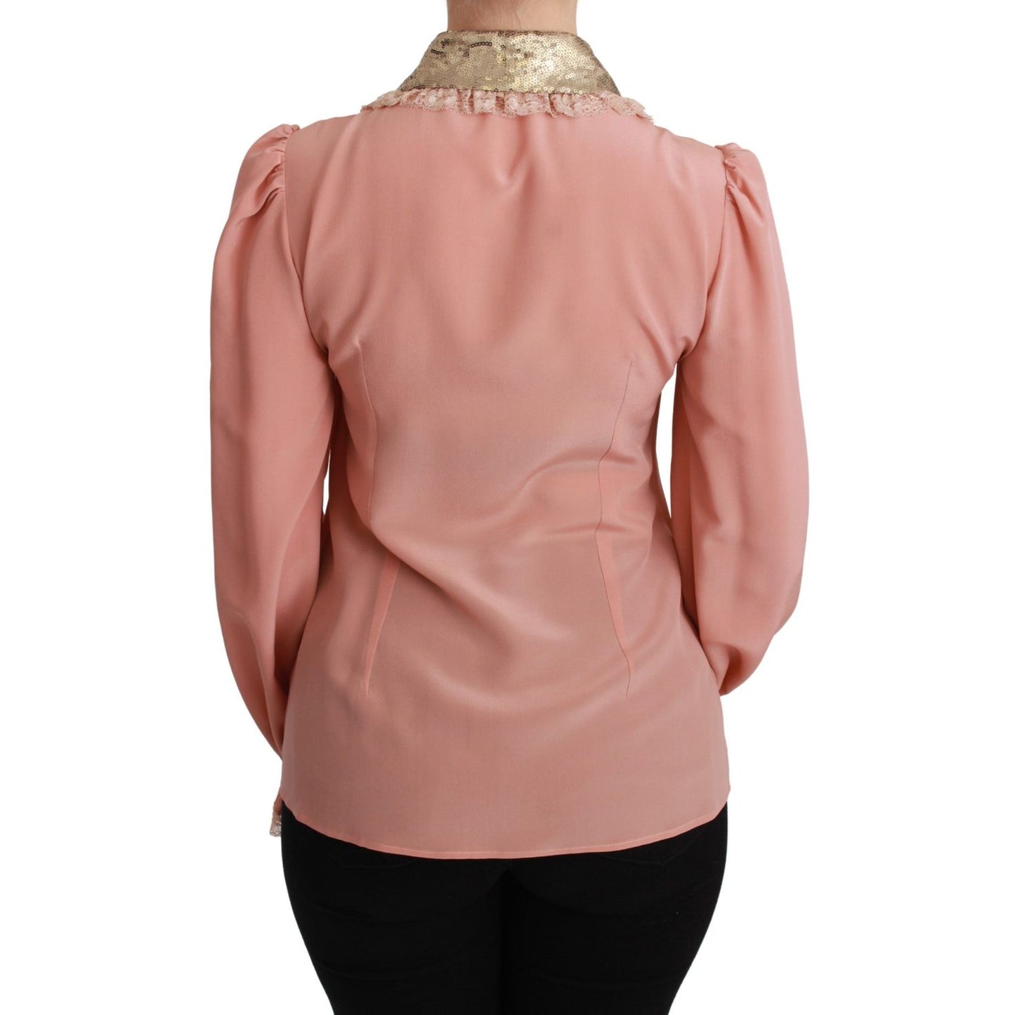 Dolce & Gabbana Pink Silk Gold Sequin Lace Blouse Shirt