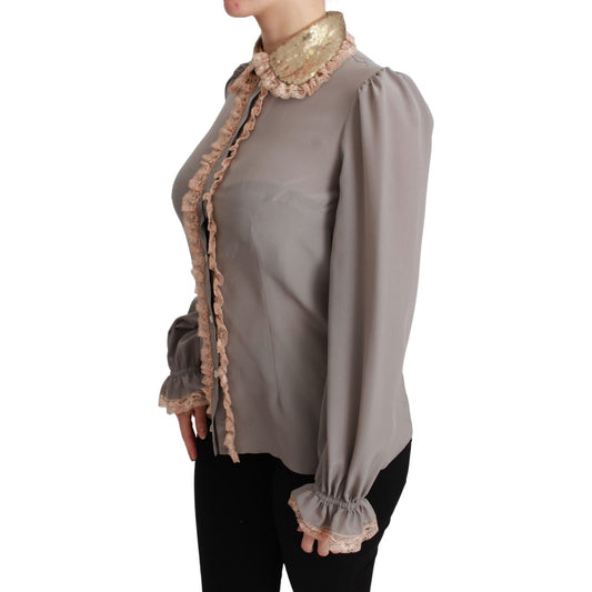 Dolce & Gabbana Gray Silk Gold Sequin Lace Blouse Shirt TSH4664-44