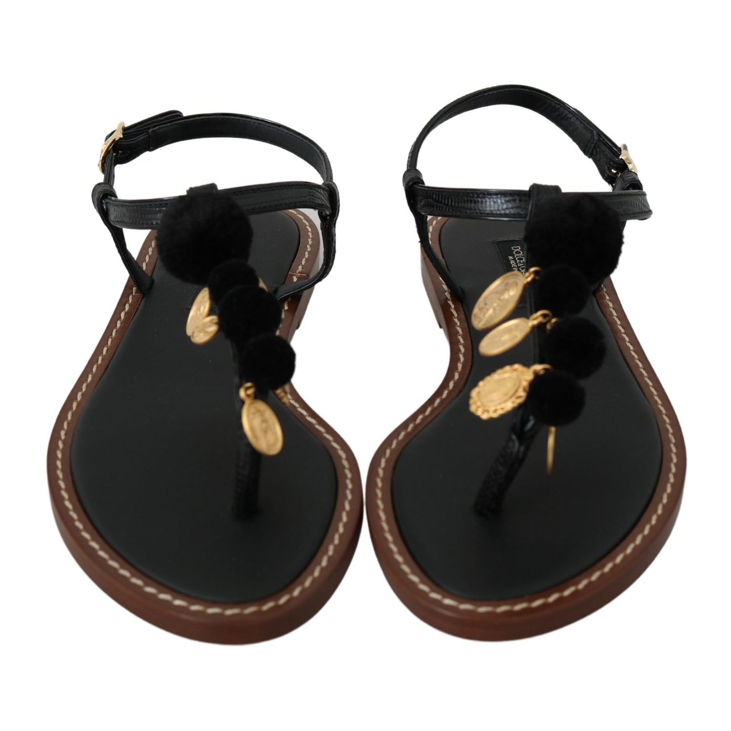 Dolce & Gabbana Black Leather Coins Flip Flops Sandals Shoes