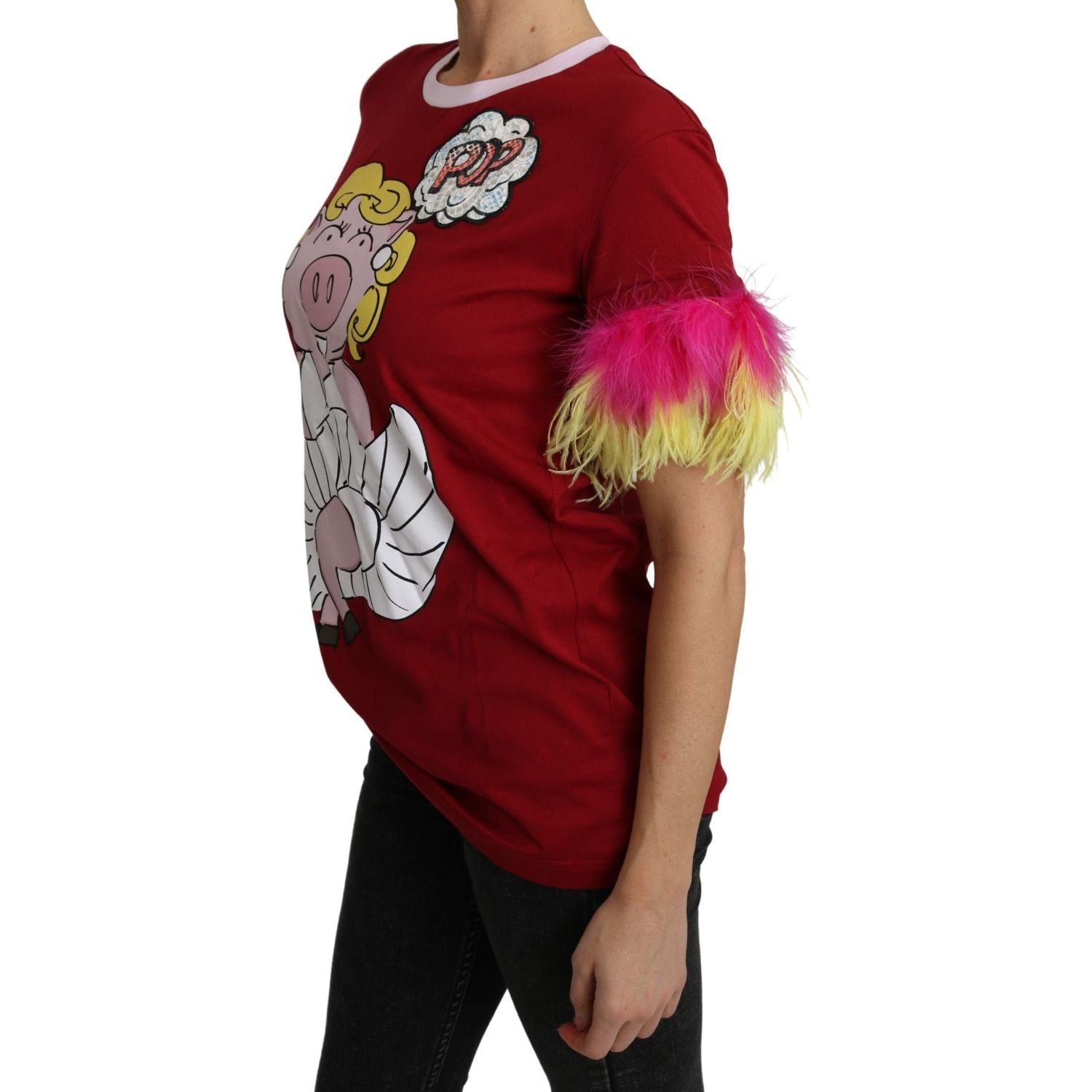 Dolce & Gabbana Red Pig Print Feather Sleeves T-shirt Top