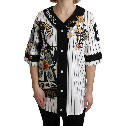 Dolce & Gabbana White and black Blouse Cotton Crystal Charms Amore Shirt