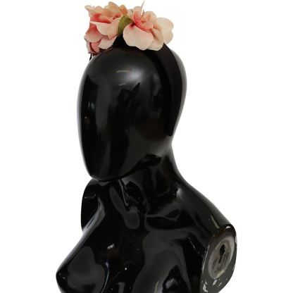 Dolce & Gabbana Pink Silk Black Floral Headband Logo Diadem