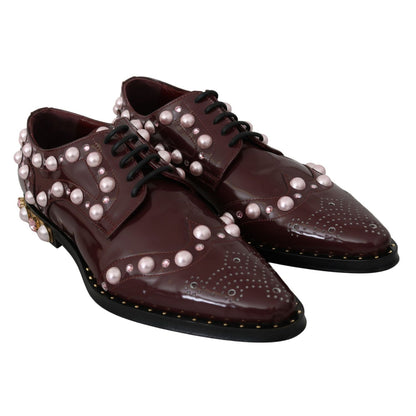 Dolce & Gabbana Bordeaux Leather Crystal Pearls Formal Shoes