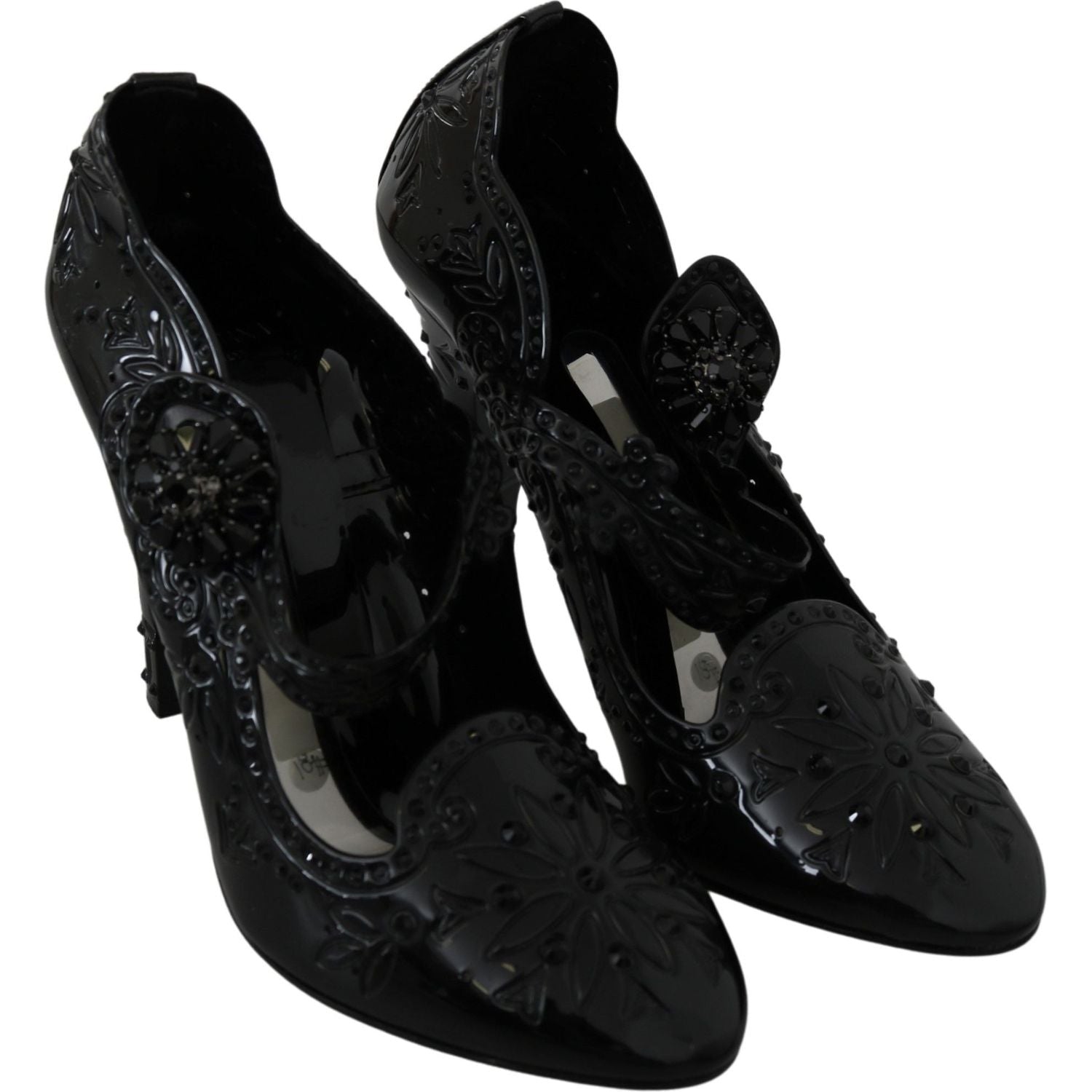 Dolce & Gabbana Black Floral Crystal CINDERELLA Heels Shoes