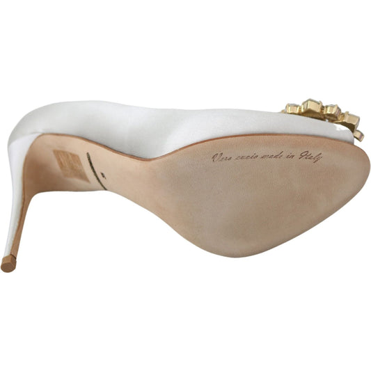 Dolce & Gabbana White Crystals Peep Toe Heels Satin Pumps Shoes LA8092-38.5