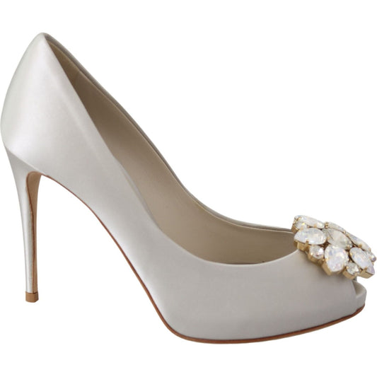 Dolce & Gabbana White Crystals Peep Toe Heels Satin Pumps Shoes LA8092-38.5