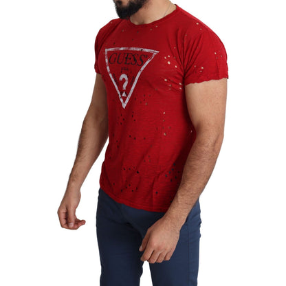 Guess Red Cotton Logo Print Men Casual Top Perforated T-shirt