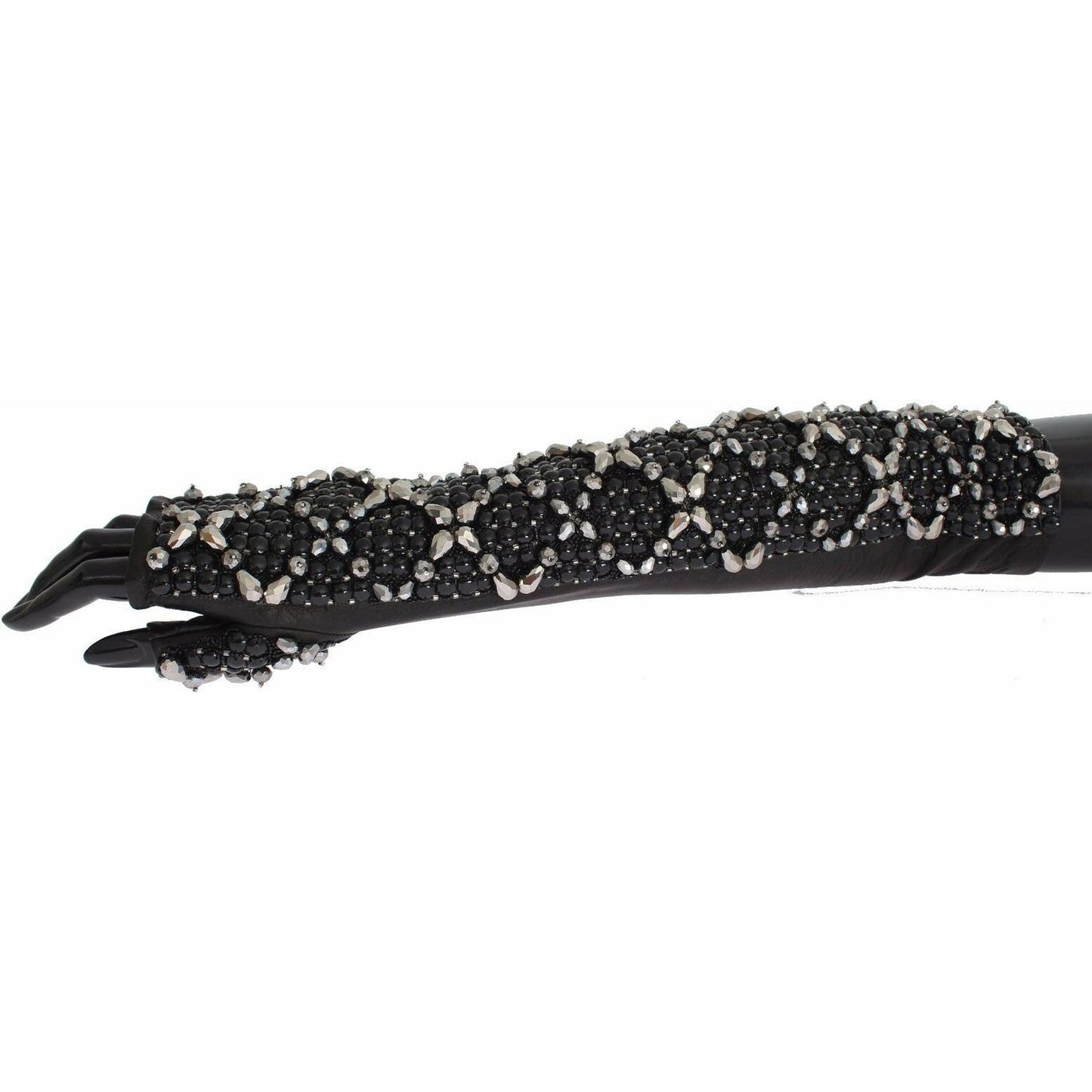 Dolce & Gabbana Black Leather Crystal Beaded Finger Free Gloves