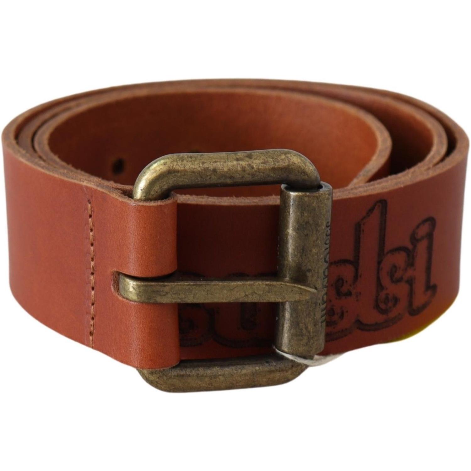 Just Cavalli Brown Leather Logo Bronze Rustic Metal Buckle Belt