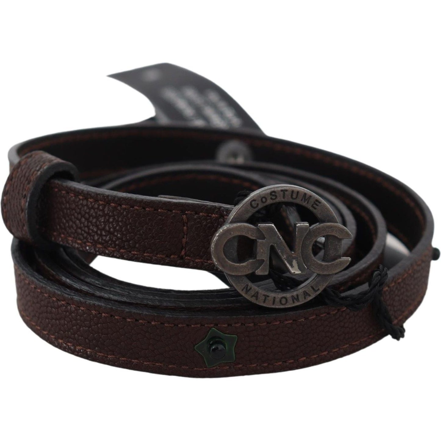 Costume National Brown Skinny Leather Round Logo Buckle Belt Belt