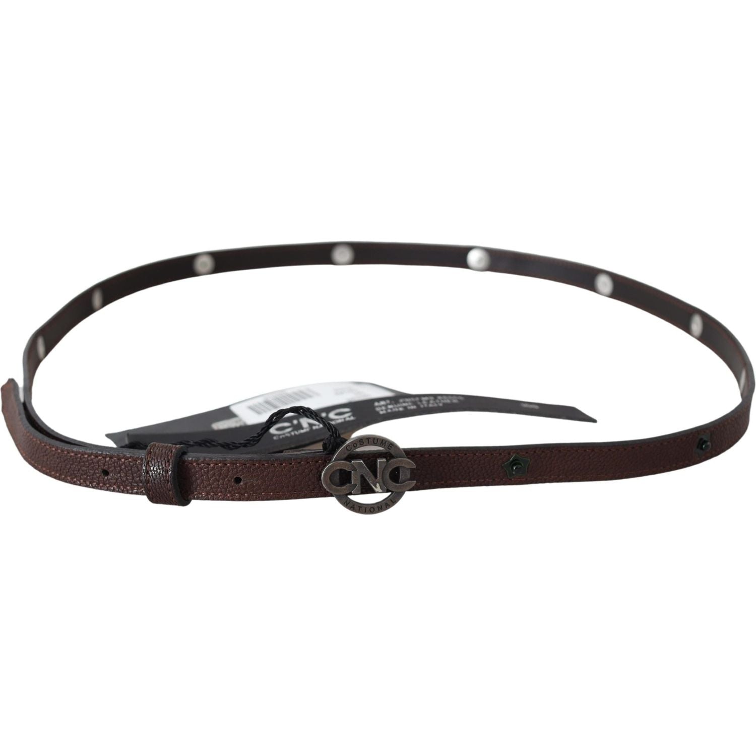 Costume National Brown Skinny Leather Round Logo Buckle Belt