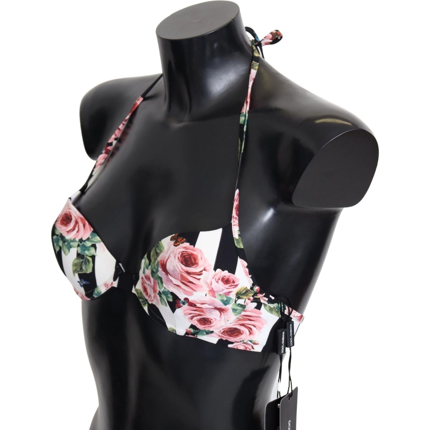 Dolce & Gabbana Multicolor Striped Rose Print Swimwear Bikini Tops