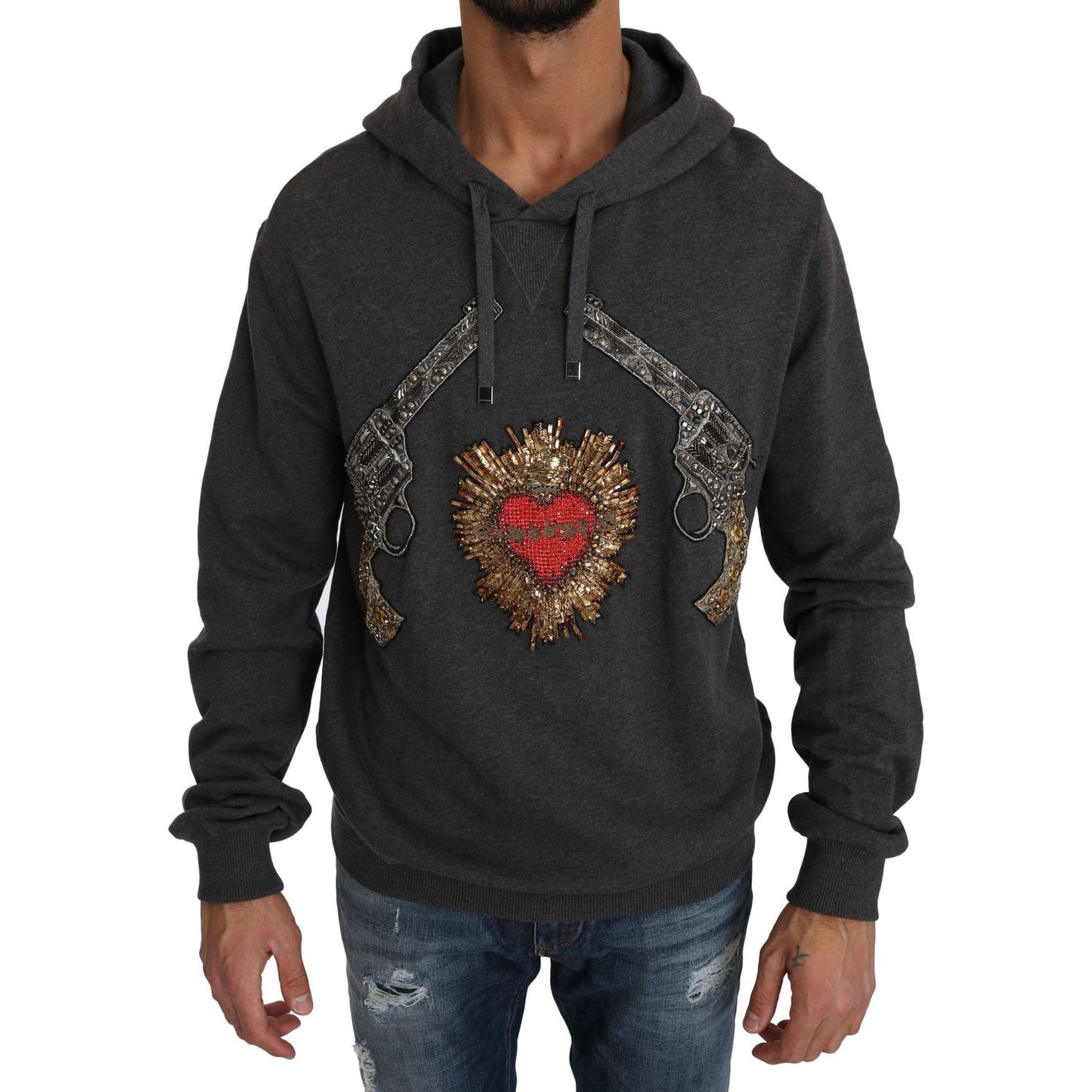Dolce & Gabbana Gray Hooded Red Crystal Heart Gun Sweater