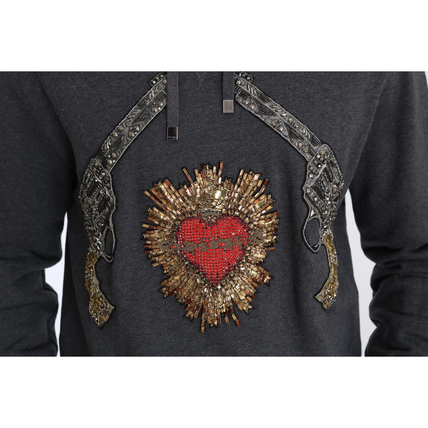 Dolce & Gabbana Gray Hooded Red Crystal Heart Gun Sweater
