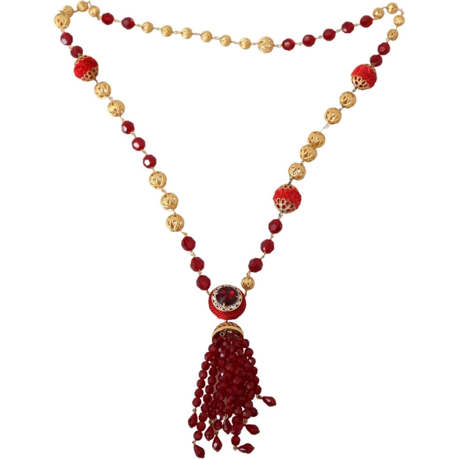 Dolce & Gabbana Gold Tone Brass Red Crystals Pendant Opera Chain  Necklace