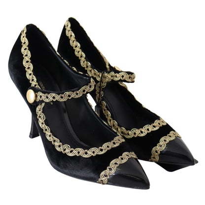 Dolce & Gabbana Black Velvet Gold Mary Janes Pumps
