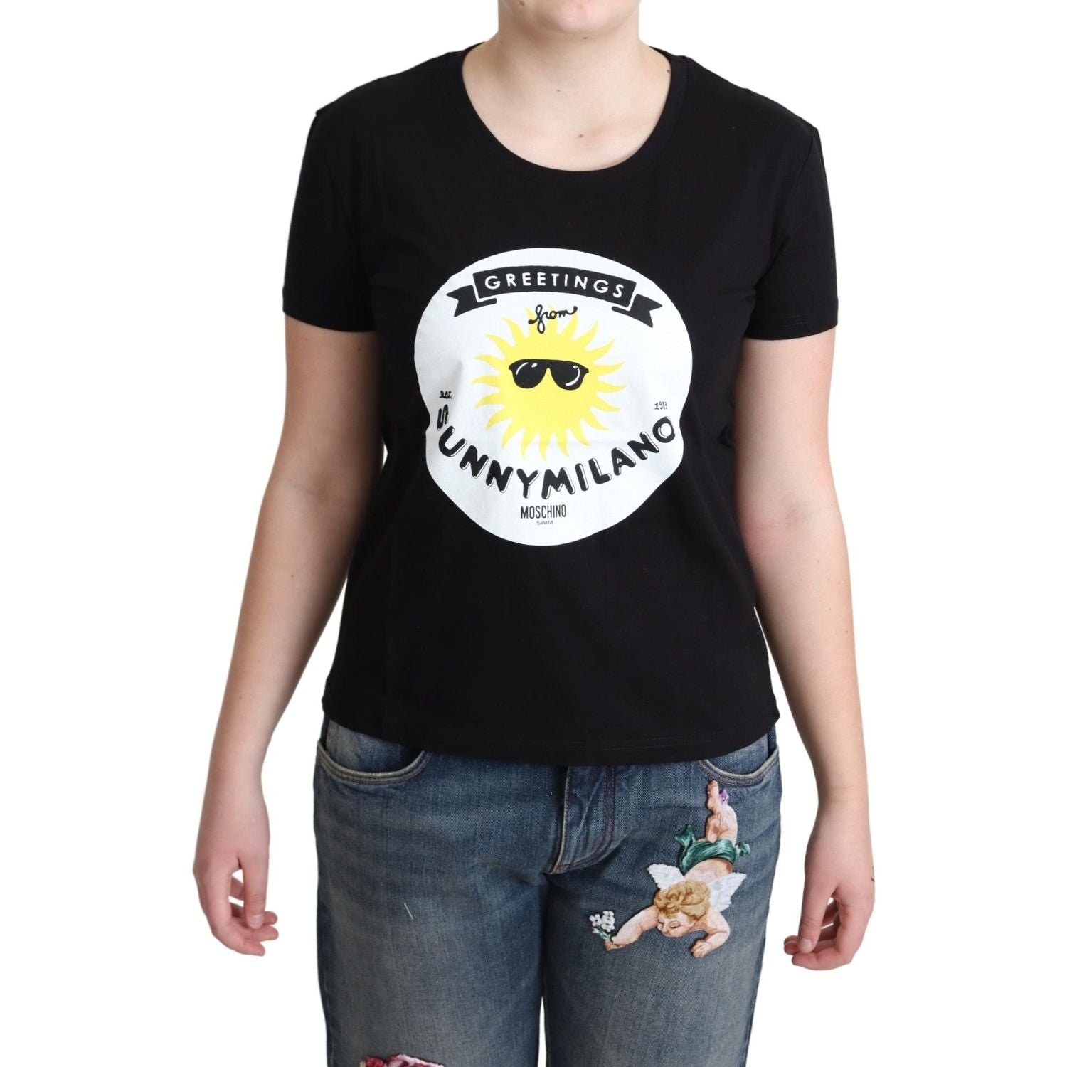 Moschino Black Cotton Sunny Milano Print T-shirt