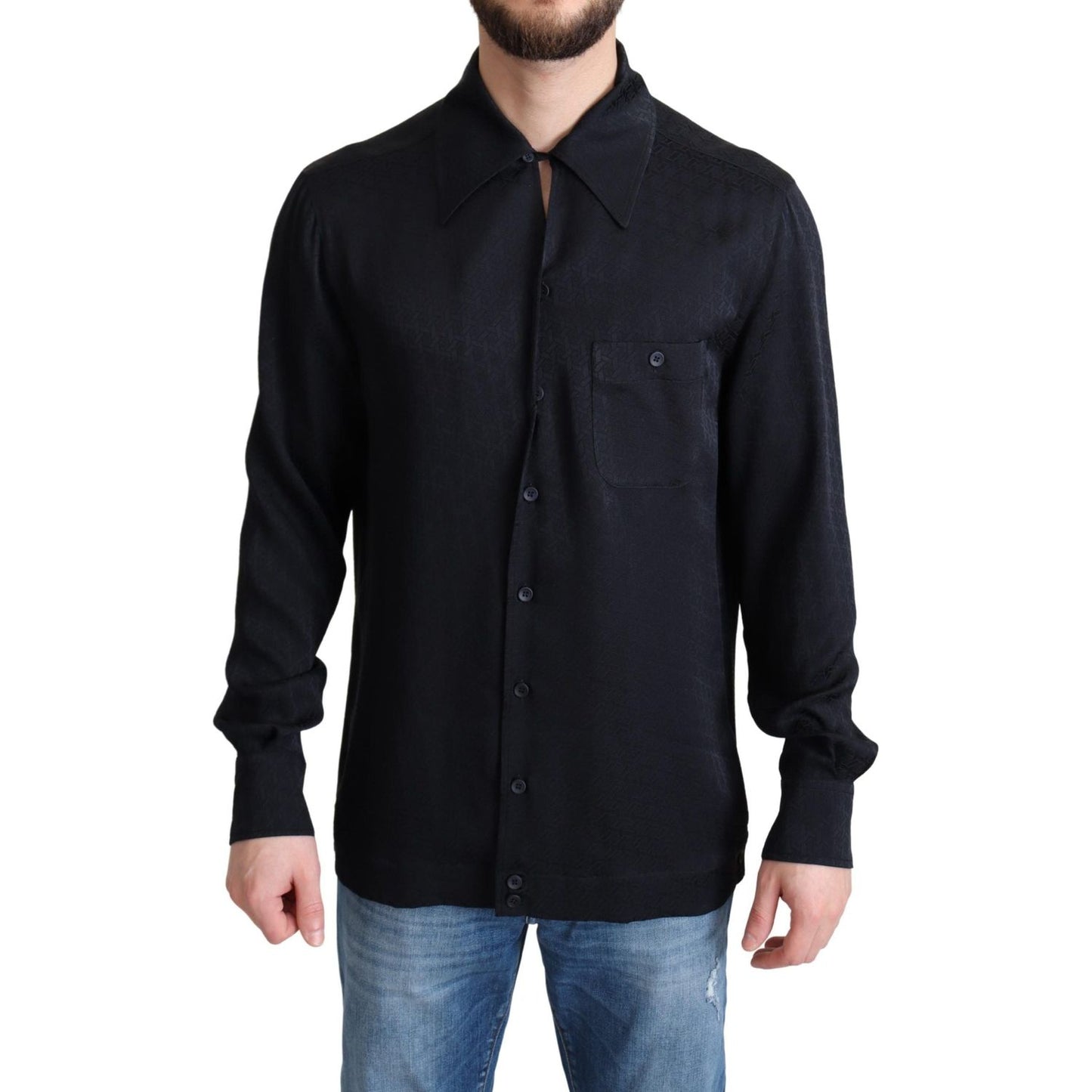 Dolce & Gabbana Black Jacquard Silk Casual Button Down Shirt Dolce & Gabbana