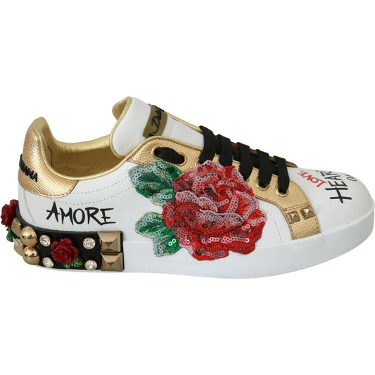 Dolce & Gabbana White Roses Sequined Crystal Womens Sneakers Shoes LA7516-36