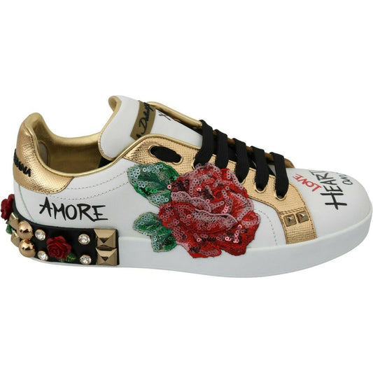 Dolce & Gabbana White Roses Sequined Crystal Womens Sneakers Shoes LA7516-36