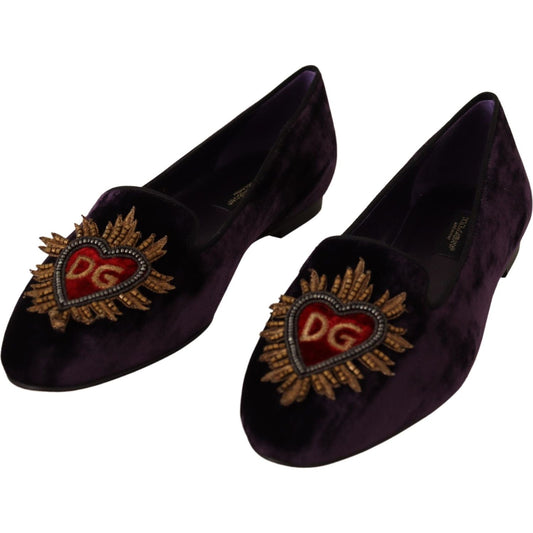 Dolce & Gabbana Purple Velvet DG Heart Loafers Flats Shoes LA9034-35