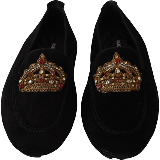 Dolce & Gabbana Black Leather Crystal Gold Crown Loafers Shoes MV3967-39