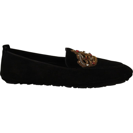 Dolce & Gabbana Black Leather Crystal Gold Crown Loafers Shoes MV3967-39
