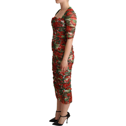 Dolce & Gabbana Red Floral Print Tulle Sheath Midi Dress WOMAN DRESSES