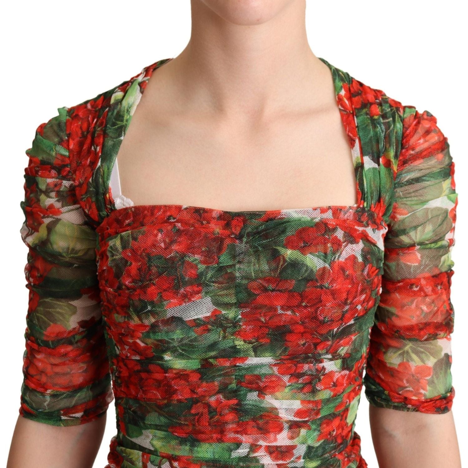 Dolce & Gabbana Red Floral Print Tulle Sheath Midi Dress