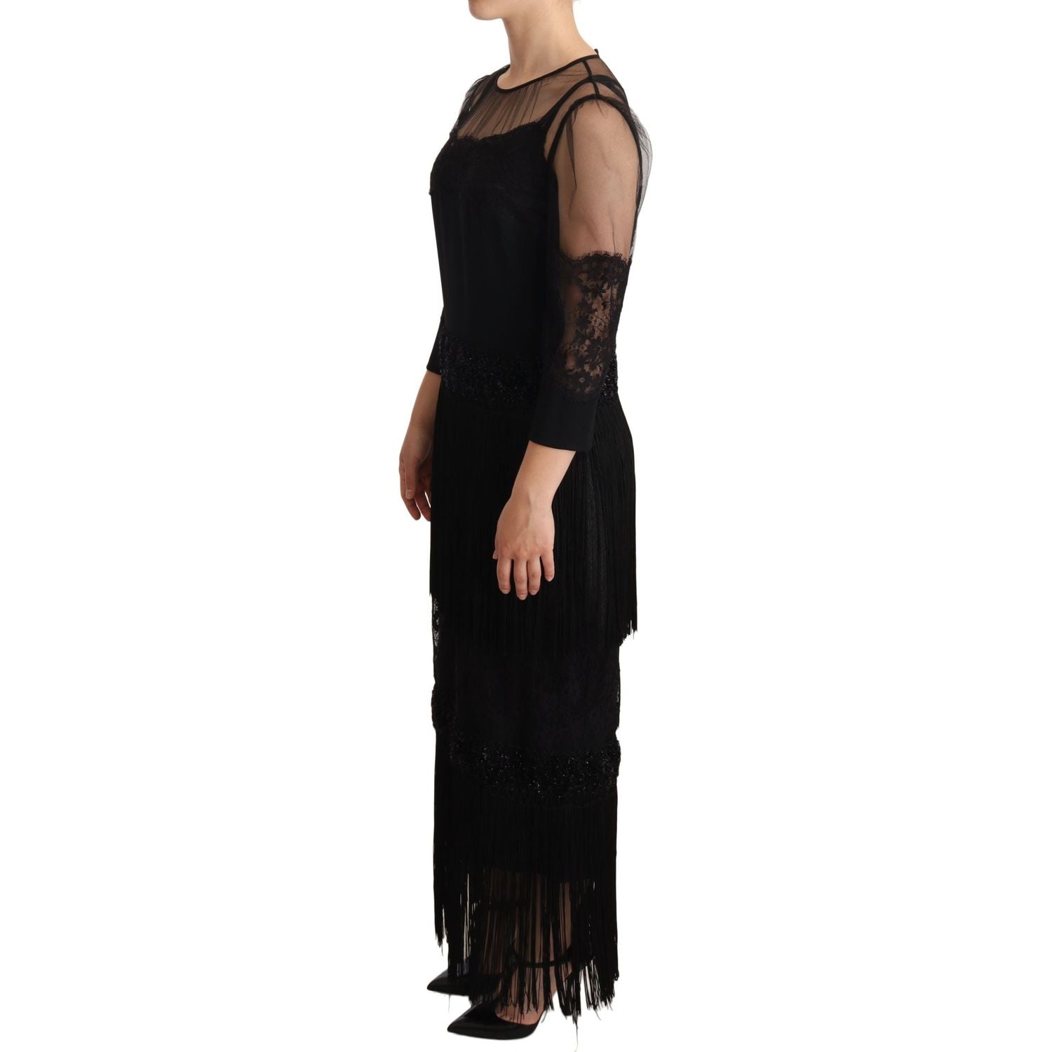 Dolce & Gabbana Black Sheer Floral Lace Crystal Maxi Dress