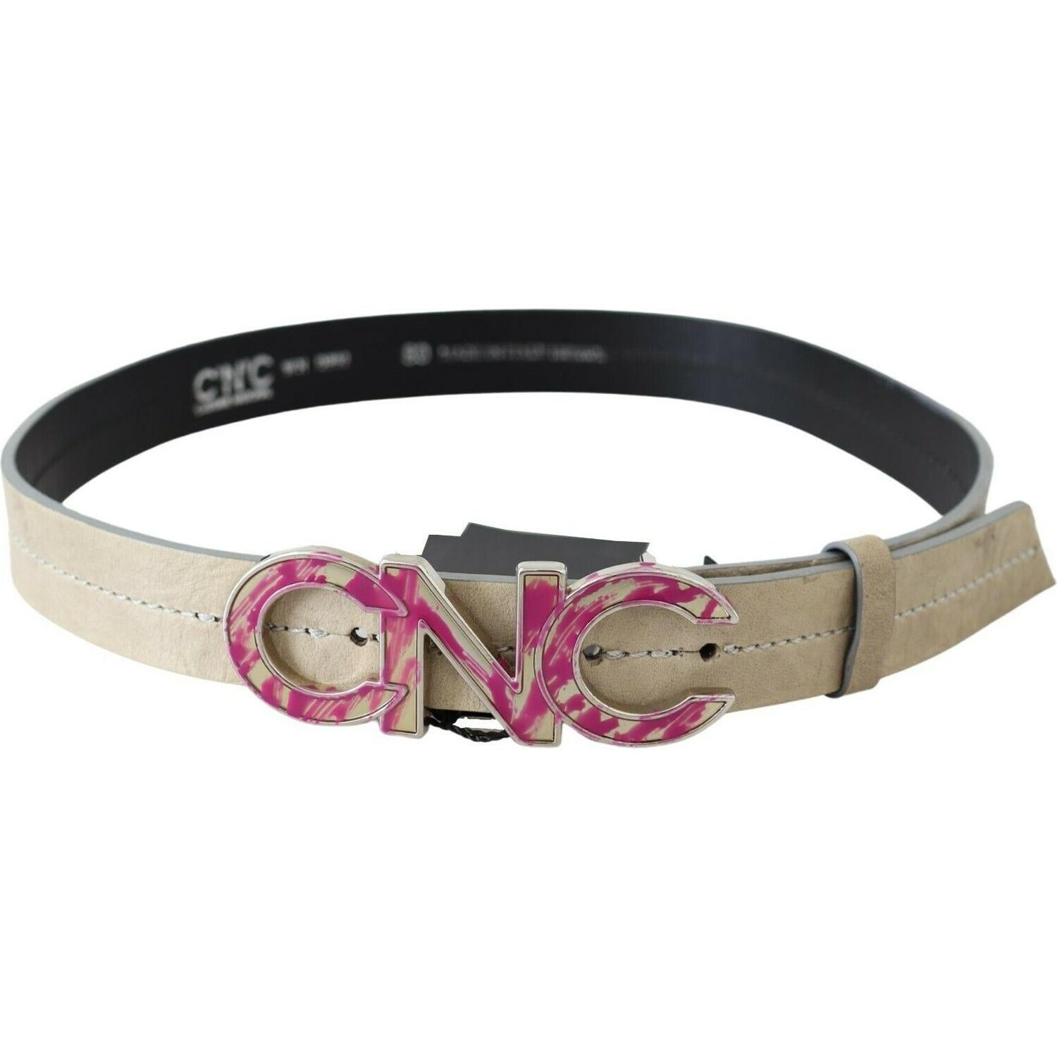 Costume National Beige Leather Pink Letter Logo Buckle Belt